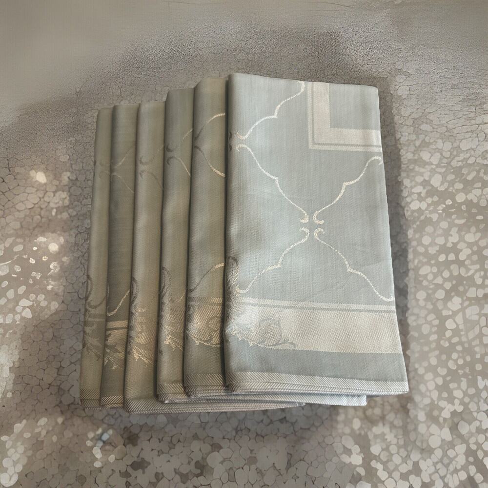 6 - Light Green Mint Silver Design Floral Cloth Dinner Party Napkins 18”x18”